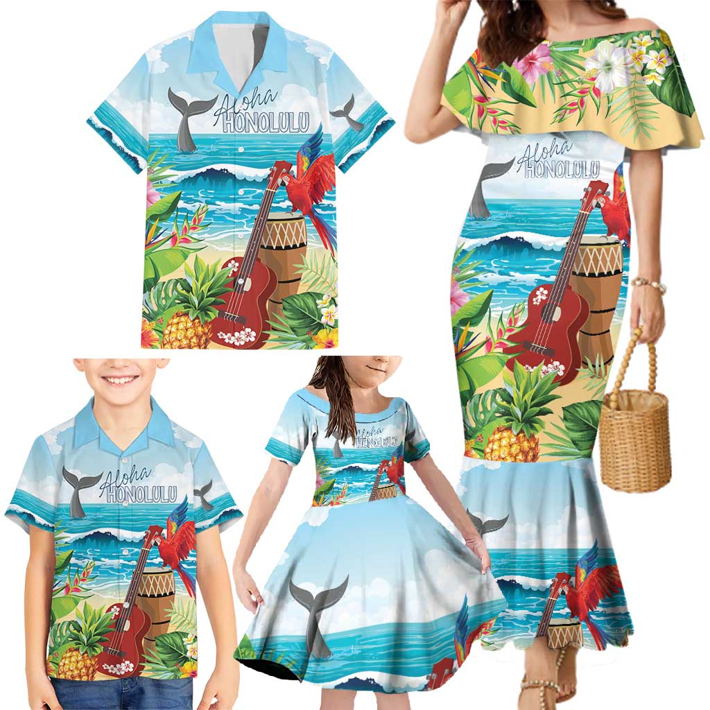 Aloha Honolulu Festival Family Matching Mermaid Dress and Hawaiian Shirt Ukulele By The Shore LT7 - Polynesian Pride