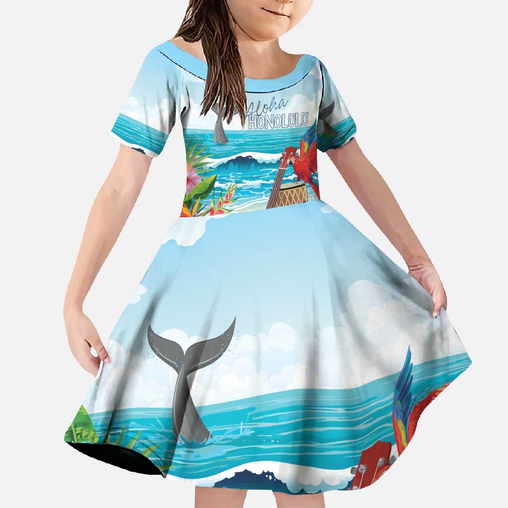 Aloha Honolulu Festival Family Matching Off Shoulder Maxi Dress and Hawaiian Shirt Ukulele By The Shore LT7 Daughter's Dress Art - Polynesian Pride