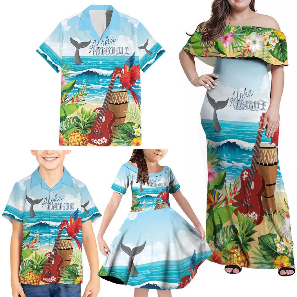 Aloha Honolulu Festival Family Matching Off Shoulder Maxi Dress and Hawaiian Shirt Ukulele By The Shore LT7 - Polynesian Pride
