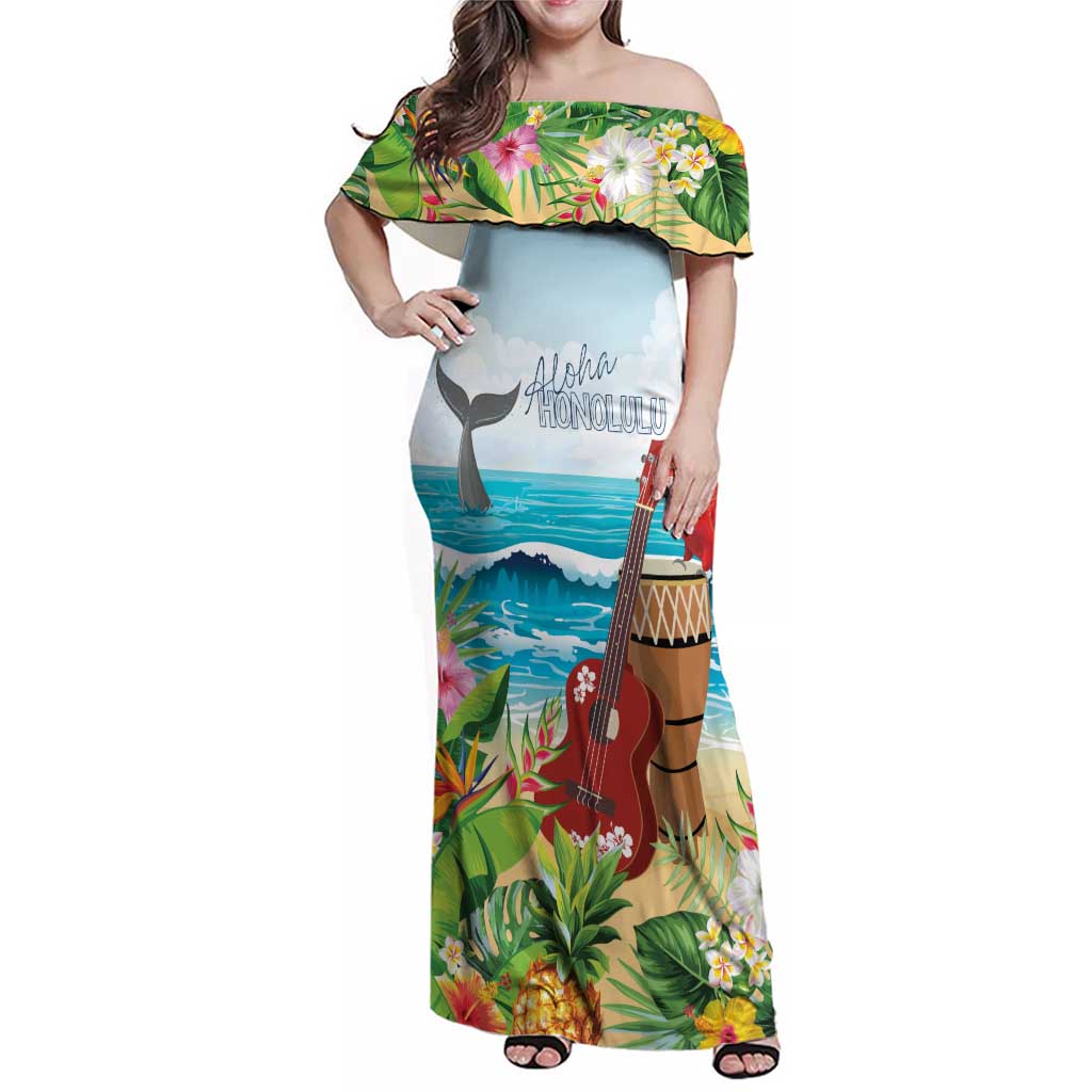 Aloha Honolulu Festival Family Matching Off Shoulder Maxi Dress and Hawaiian Shirt Ukulele By The Shore LT7 Mom's Dress Art - Polynesian Pride