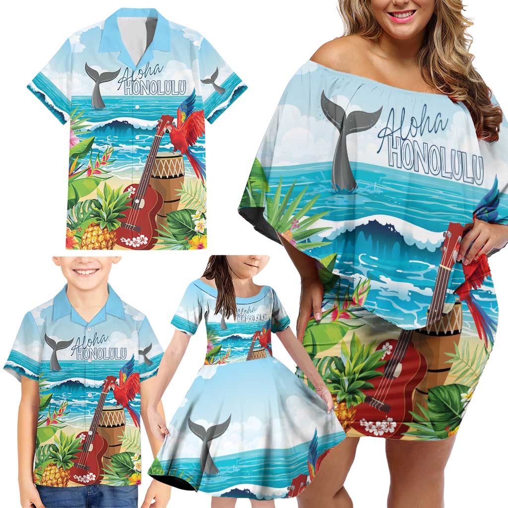 Aloha Honolulu Festival Family Matching Off Shoulder Short Dress and Hawaiian Shirt Ukulele By The Shore LT7 - Polynesian Pride