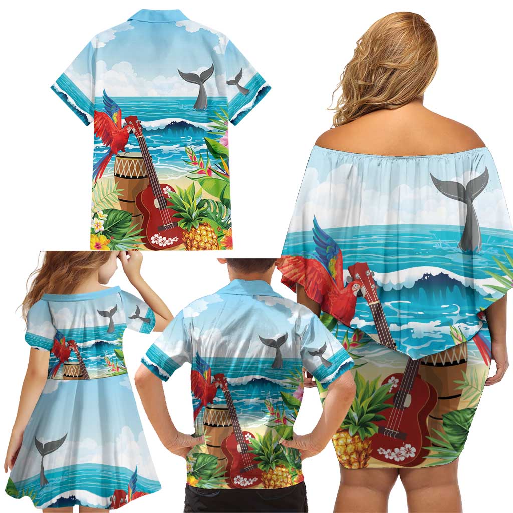 Aloha Honolulu Festival Family Matching Off Shoulder Short Dress and Hawaiian Shirt Ukulele By The Shore LT7 - Polynesian Pride