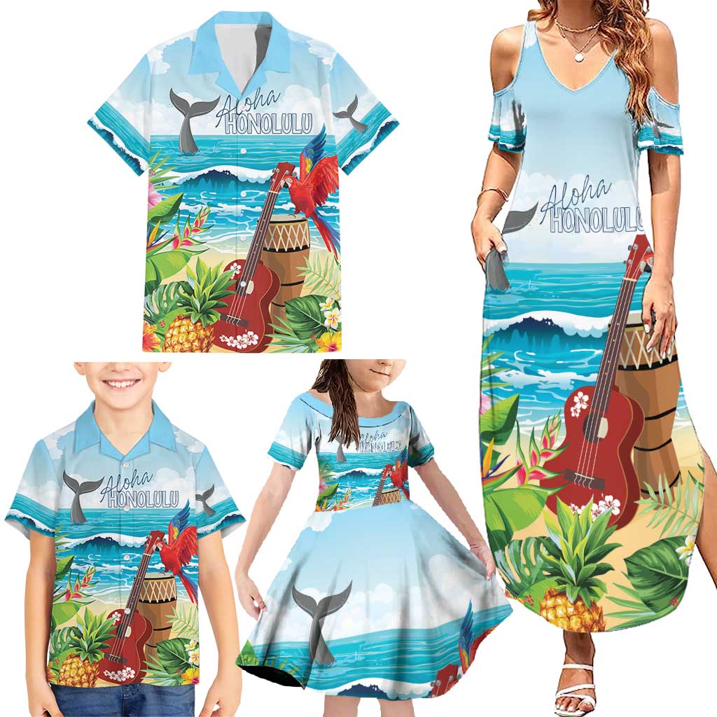 Aloha Honolulu Festival Family Matching Summer Maxi Dress and Hawaiian Shirt Ukulele By The Shore LT7 - Polynesian Pride