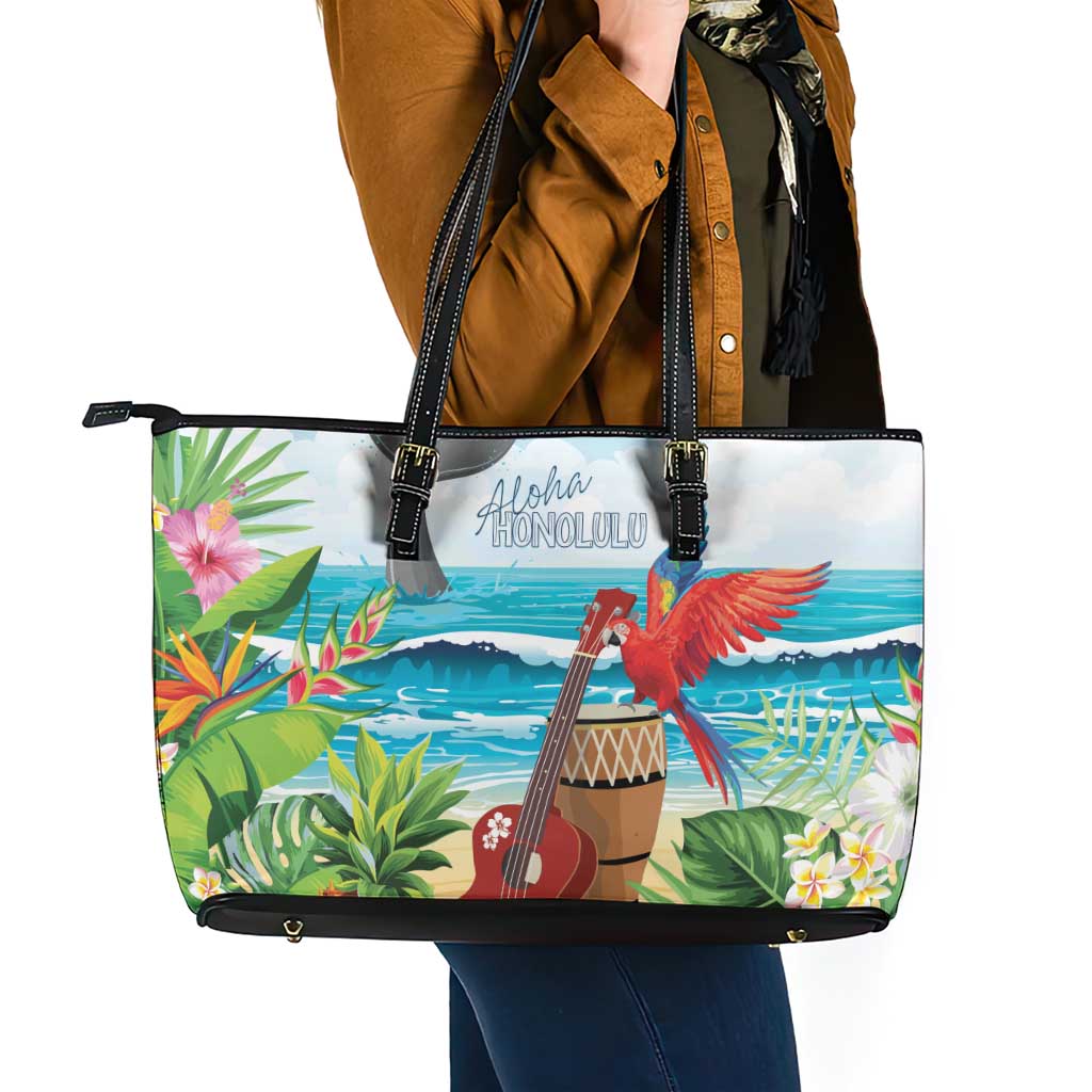 Aloha Honolulu Festival Leather Tote Bag Ukulele By The Shore