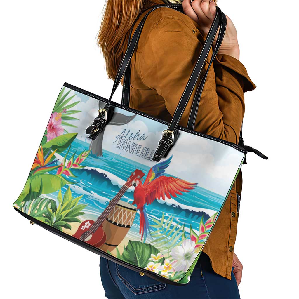Aloha Honolulu Festival Leather Tote Bag Ukulele By The Shore