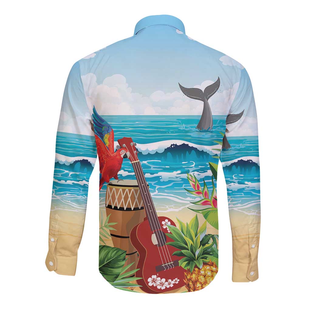 Aloha Honolulu Festival Long Sleeve Button Shirt Ukulele By The Shore