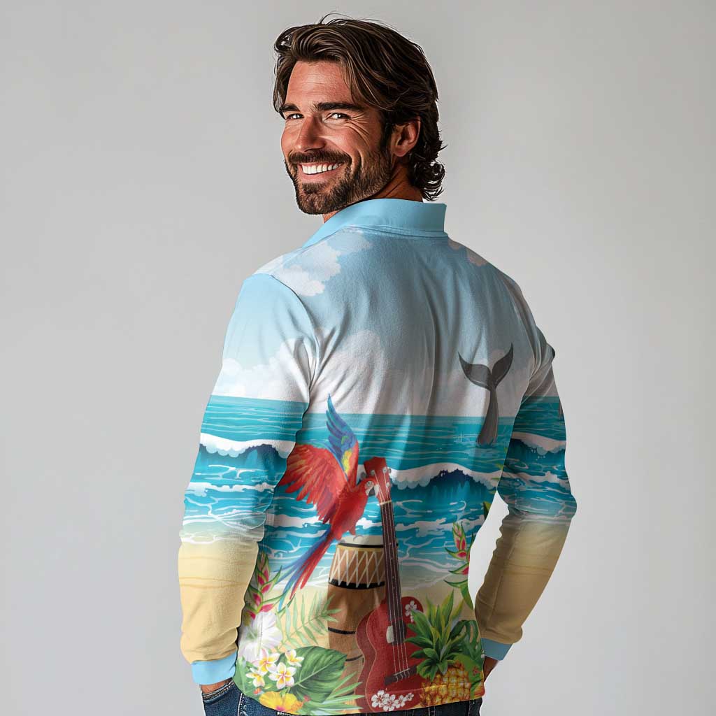 Aloha Honolulu Festival Long Sleeve Polo Shirt Ukulele By The Shore