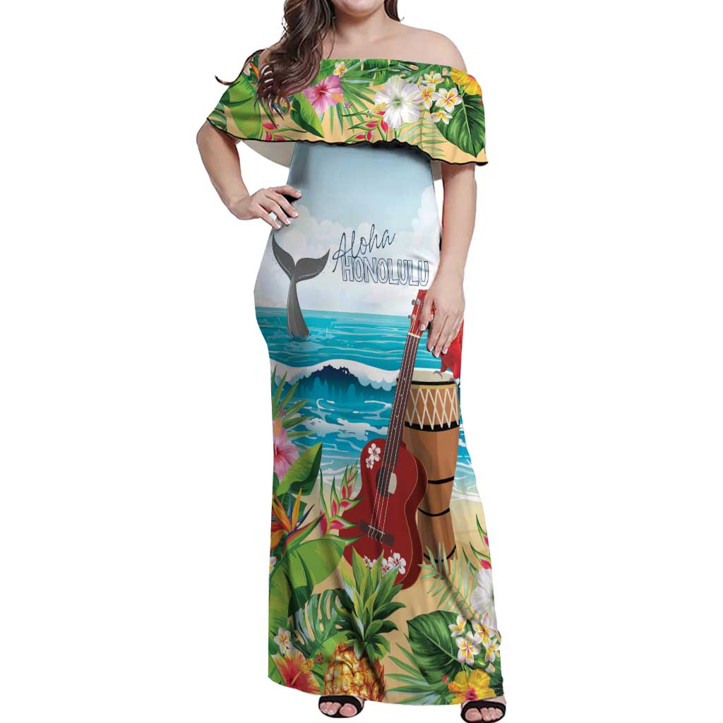 Aloha Honolulu Festival Off Shoulder Maxi Dress Ukulele By The Shore