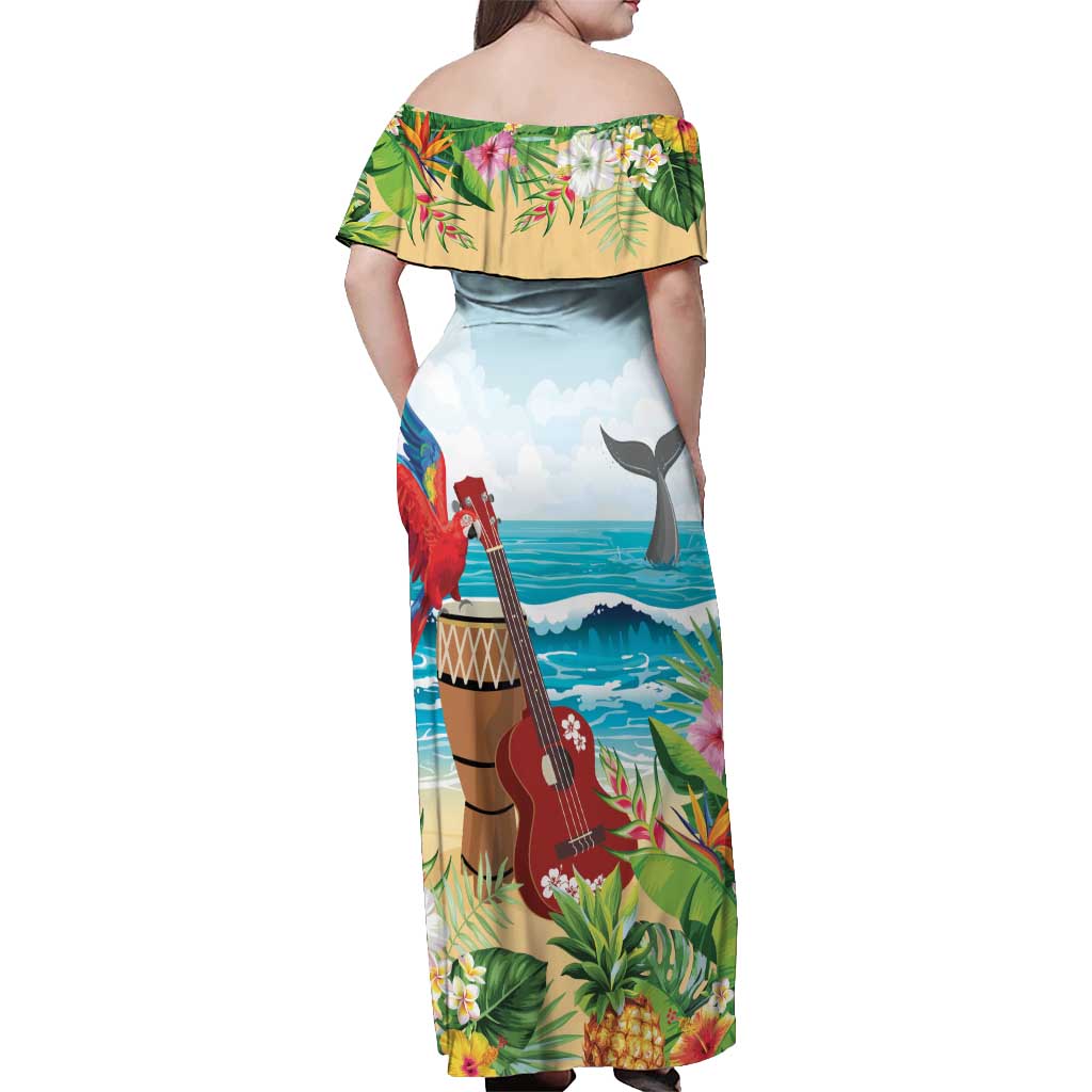 Aloha Honolulu Festival Off Shoulder Maxi Dress Ukulele By The Shore