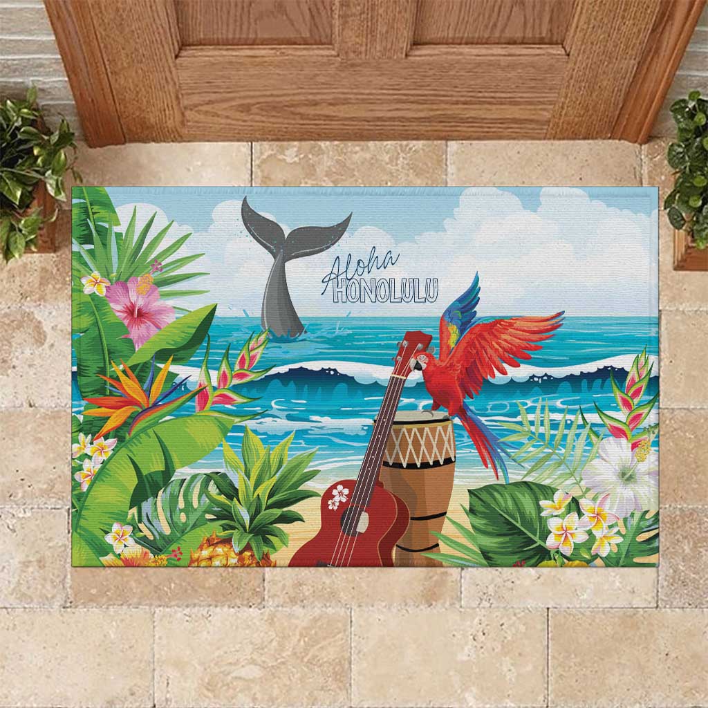 Aloha Honolulu Festival Rubber Doormat Ukulele By The Shore