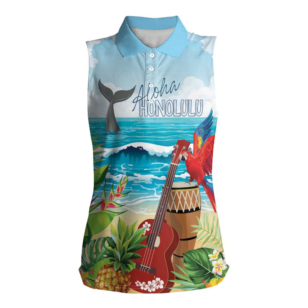 Aloha Honolulu Festival Women Sleeveless Polo Shirt Ukulele By The Shore