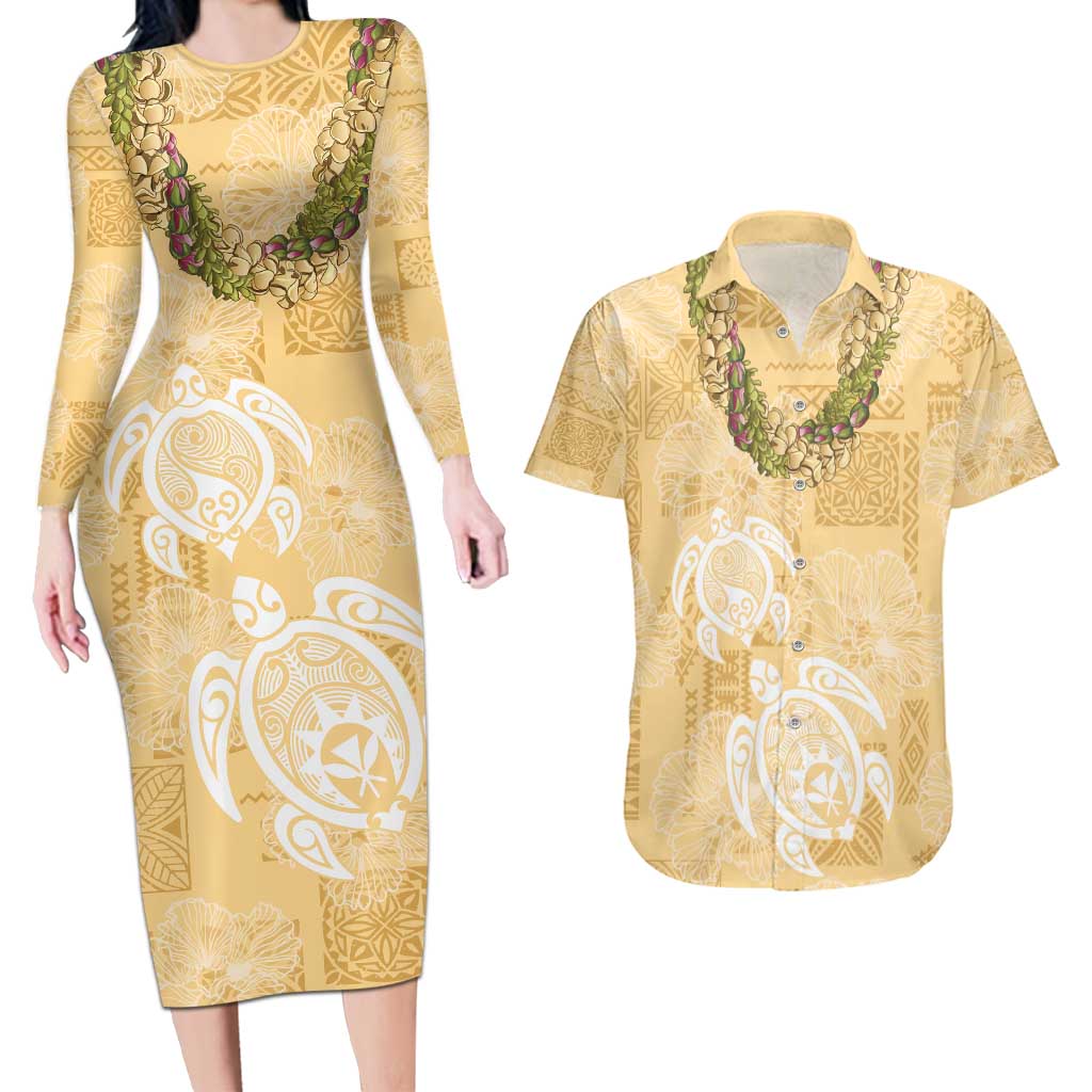 Aloha Honolulu Festival Couples Matching Long Sleeve Bodycon Dress and Hawaiian Shirt Hawaii Kapa Mix Flowers Lei LT7 Yellow - Polynesian Pride