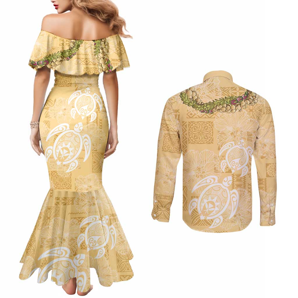 Aloha Honolulu Festival Couples Matching Mermaid Dress and Long Sleeve Button Shirt Hawaii Kapa Mix Flowers Lei LT7 - Polynesian Pride