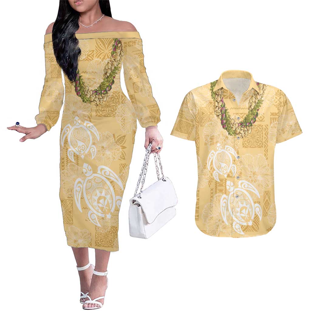 Aloha Honolulu Festival Couples Matching Off The Shoulder Long Sleeve Dress and Hawaiian Shirt Hawaii Kapa Mix Flowers Lei LT7 Yellow - Polynesian Pride