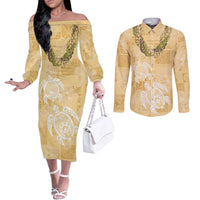 Aloha Honolulu Festival Couples Matching Off The Shoulder Long Sleeve Dress and Long Sleeve Button Shirt Hawaii Kapa Mix Flowers Lei LT7 Yellow - Polynesian Pride