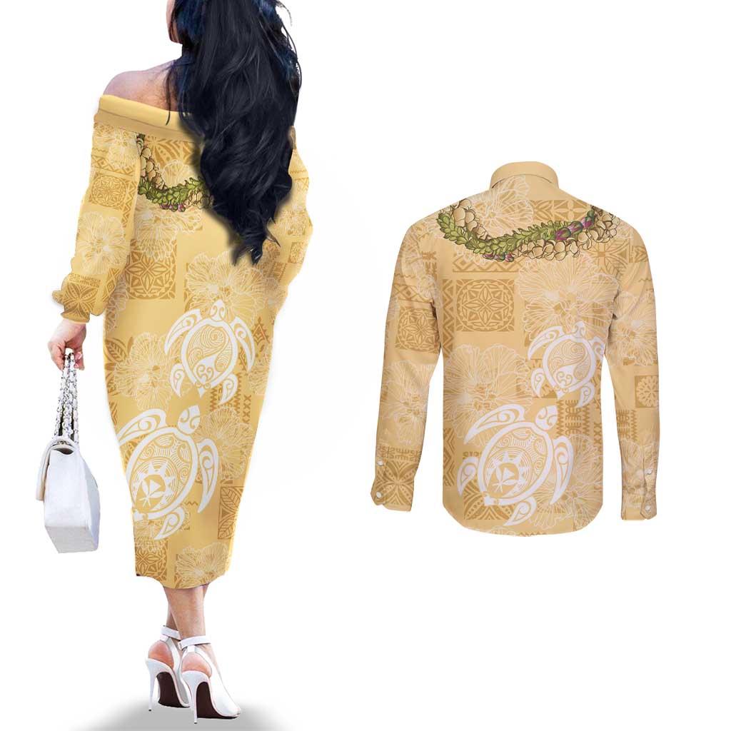 Aloha Honolulu Festival Couples Matching Off The Shoulder Long Sleeve Dress and Long Sleeve Button Shirt Hawaii Kapa Mix Flowers Lei LT7 - Polynesian Pride