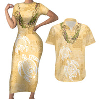 Aloha Honolulu Festival Couples Matching Short Sleeve Bodycon Dress and Hawaiian Shirt Hawaii Kapa Mix Flowers Lei LT7 Yellow - Polynesian Pride