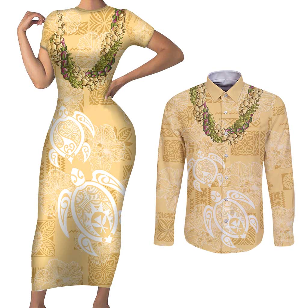 Aloha Honolulu Festival Couples Matching Short Sleeve Bodycon Dress and Long Sleeve Button Shirt Hawaii Kapa Mix Flowers Lei LT7 Yellow - Polynesian Pride
