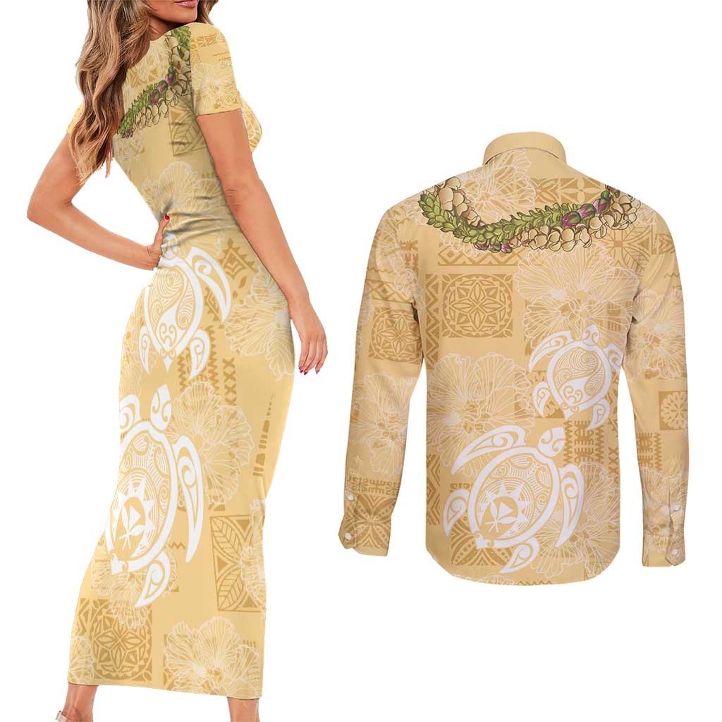 Aloha Honolulu Festival Couples Matching Short Sleeve Bodycon Dress and Long Sleeve Button Shirt Hawaii Kapa Mix Flowers Lei LT7 - Polynesian Pride