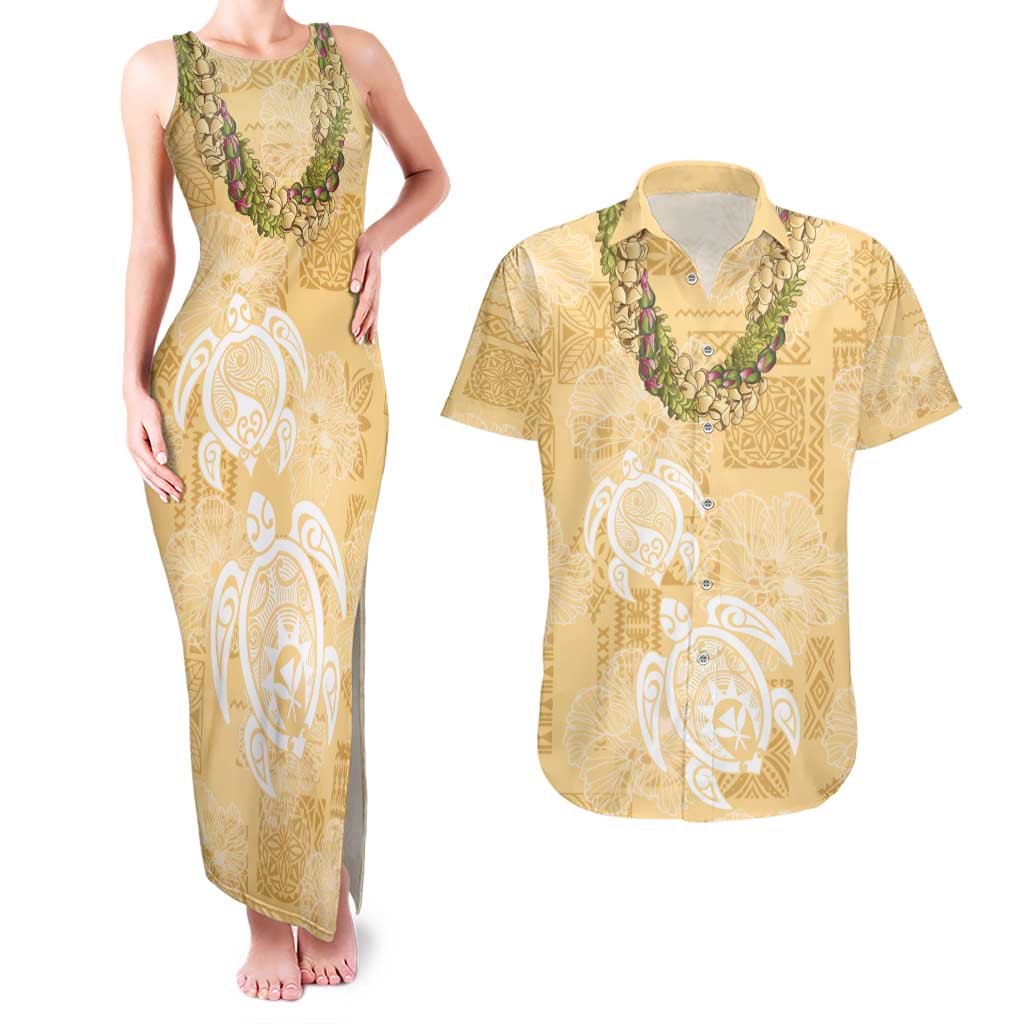 Aloha Honolulu Festival Couples Matching Tank Maxi Dress and Hawaiian Shirt Hawaii Kapa Mix Flowers Lei LT7 Yellow - Polynesian Pride