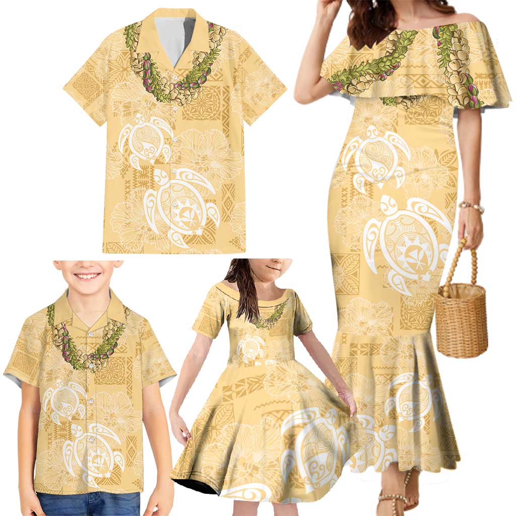 Aloha Honolulu Festival Family Matching Mermaid Dress and Hawaiian Shirt Hawaii Kapa Mix Flowers Lei