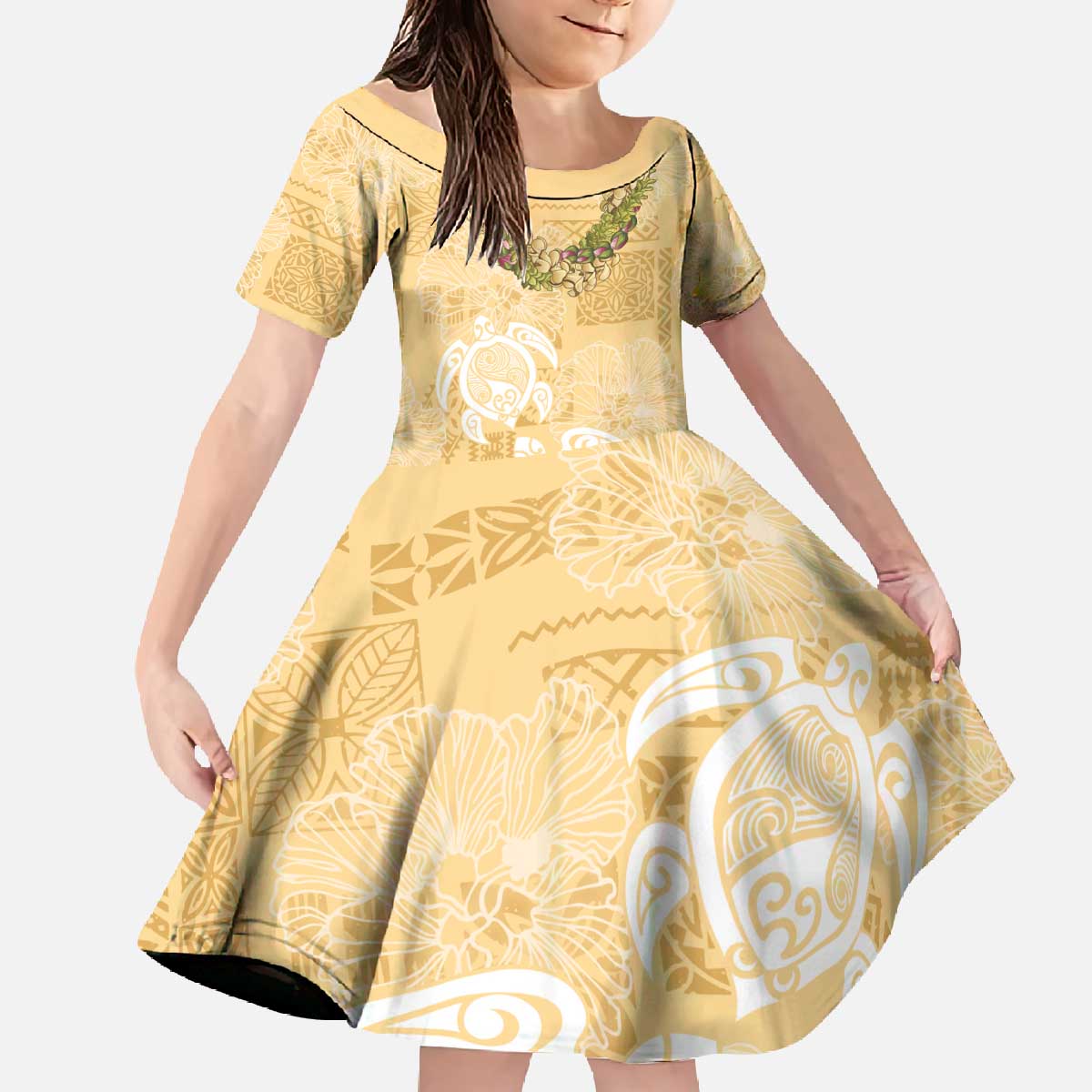 Aloha Honolulu Festival Family Matching Off The Shoulder Long Sleeve Dress and Hawaiian Shirt Hawaii Kapa Mix Flowers Lei LT7 Daughter's Dress Yellow - Polynesian Pride