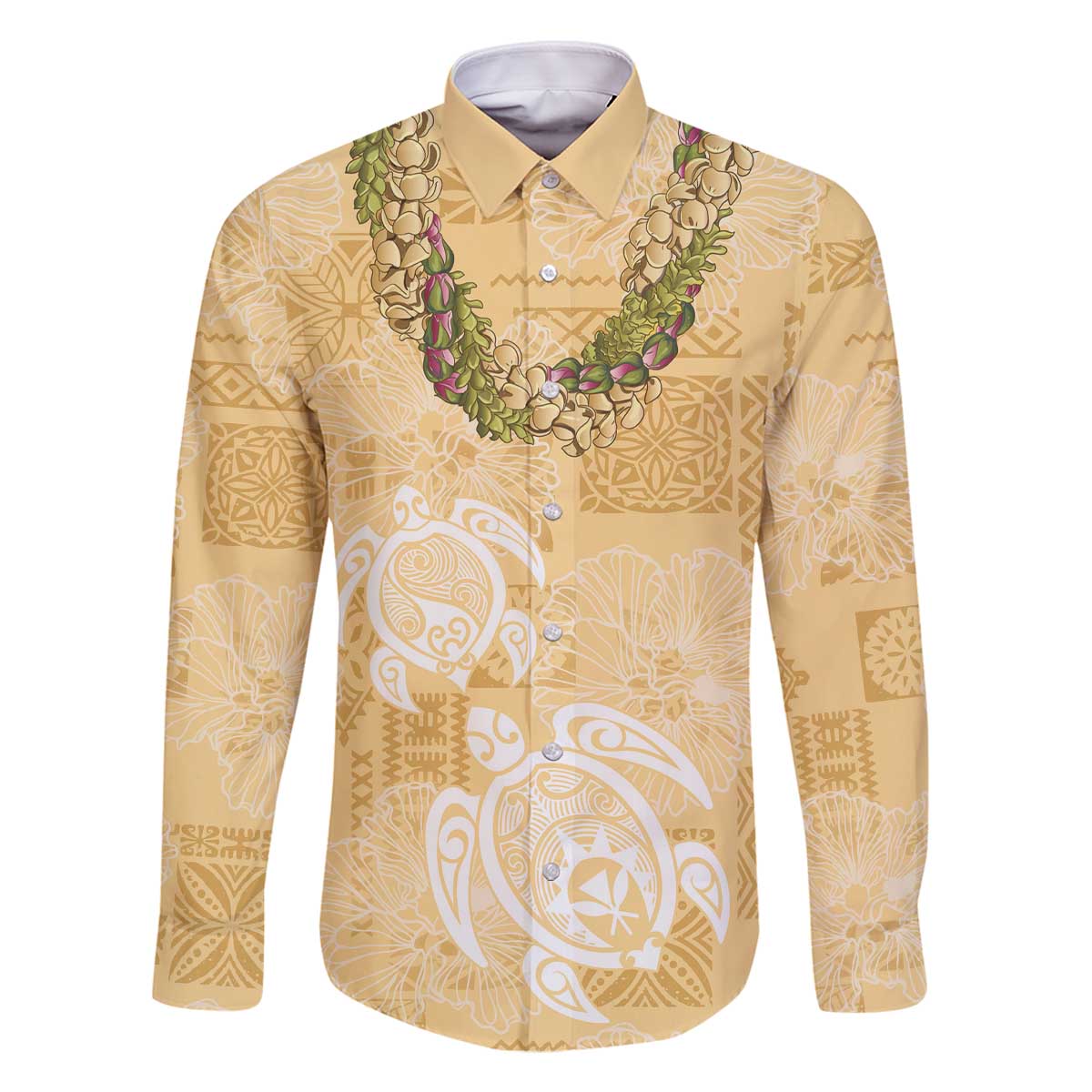 Aloha Honolulu Festival Family Matching Off The Shoulder Long Sleeve Dress and Hawaiian Shirt Hawaii Kapa Mix Flowers Lei LT7 Dad's Shirt - Long Sleeve Yellow - Polynesian Pride