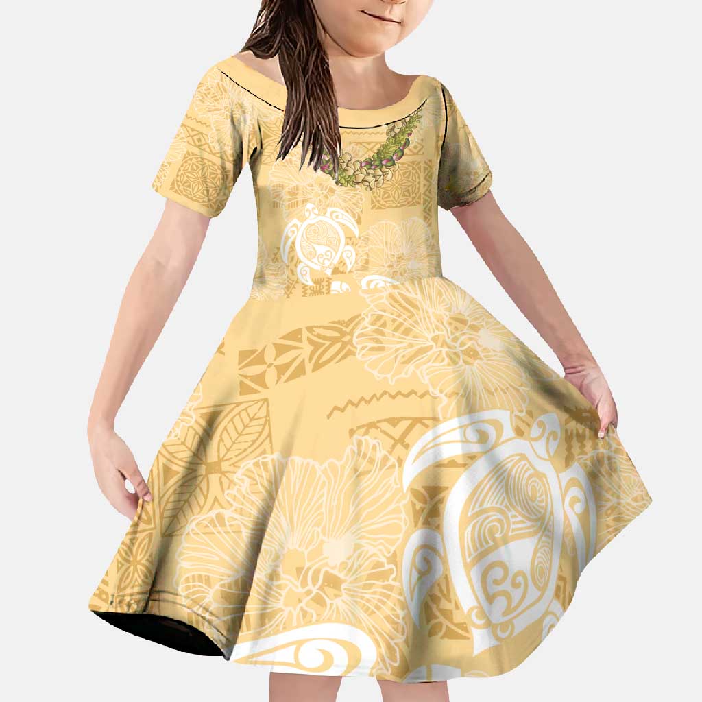 Aloha Honolulu Festival Family Matching Off Shoulder Maxi Dress and Hawaiian Shirt Hawaii Kapa Mix Flowers Lei LT7 Daughter's Dress Yellow - Polynesian Pride
