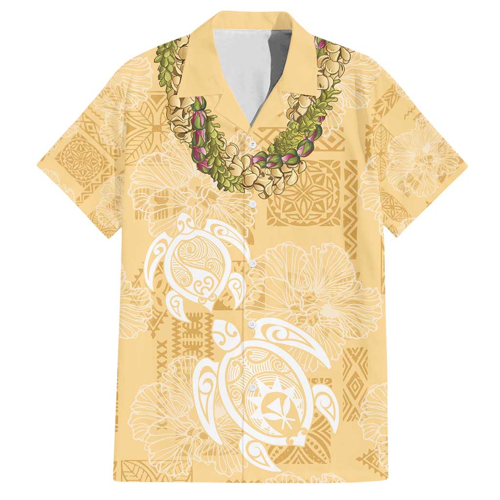 Aloha Honolulu Festival Family Matching Off Shoulder Maxi Dress and Hawaiian Shirt Hawaii Kapa Mix Flowers Lei LT7 Dad's Shirt - Short Sleeve Yellow - Polynesian Pride