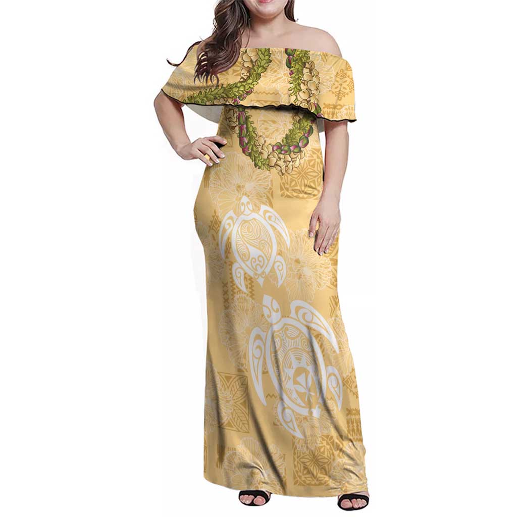 Aloha Honolulu Festival Family Matching Off Shoulder Maxi Dress and Hawaiian Shirt Hawaii Kapa Mix Flowers Lei LT7 Mom's Dress Yellow - Polynesian Pride