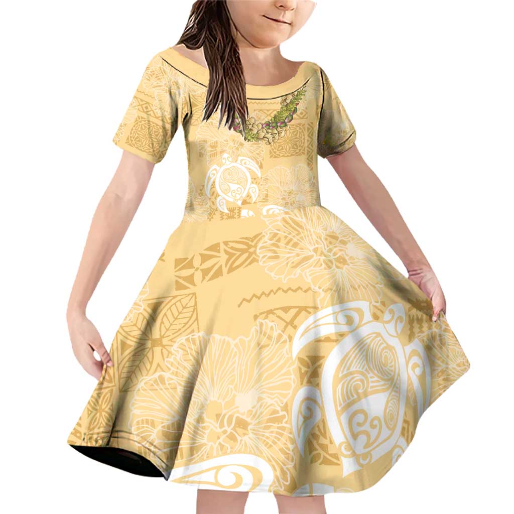 Aloha Honolulu Festival Family Matching Off Shoulder Short Dress and Hawaiian Shirt Hawaii Kapa Mix Flowers Lei LT7 Daughter's Dress Yellow - Polynesian Pride