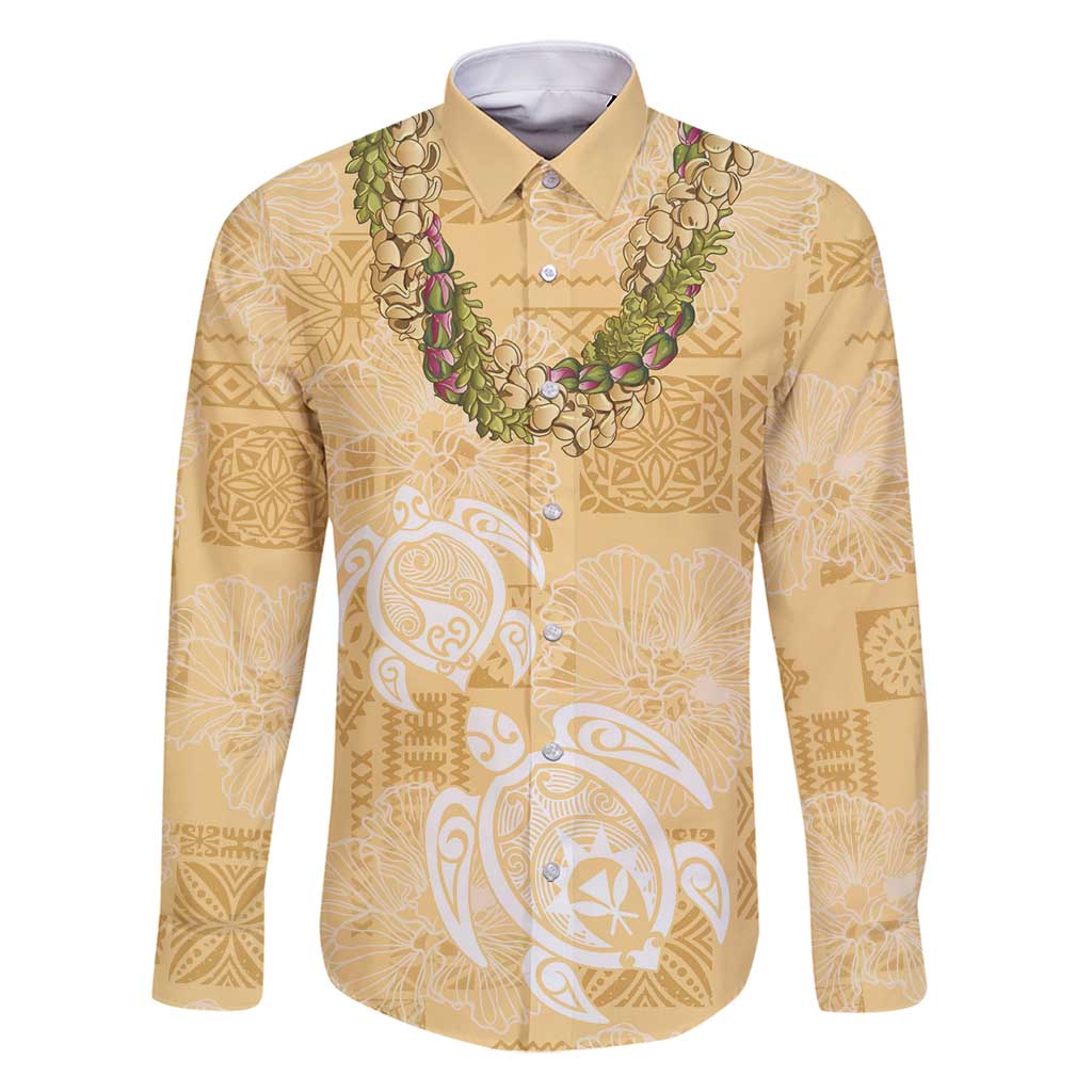 Aloha Honolulu Festival Family Matching Off Shoulder Short Dress and Hawaiian Shirt Hawaii Kapa Mix Flowers Lei LT7 Dad's Shirt - Long Sleeve Yellow - Polynesian Pride