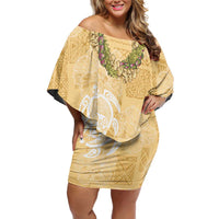 Aloha Honolulu Festival Family Matching Off Shoulder Short Dress and Hawaiian Shirt Hawaii Kapa Mix Flowers Lei LT7 Mom's Dress Yellow - Polynesian Pride