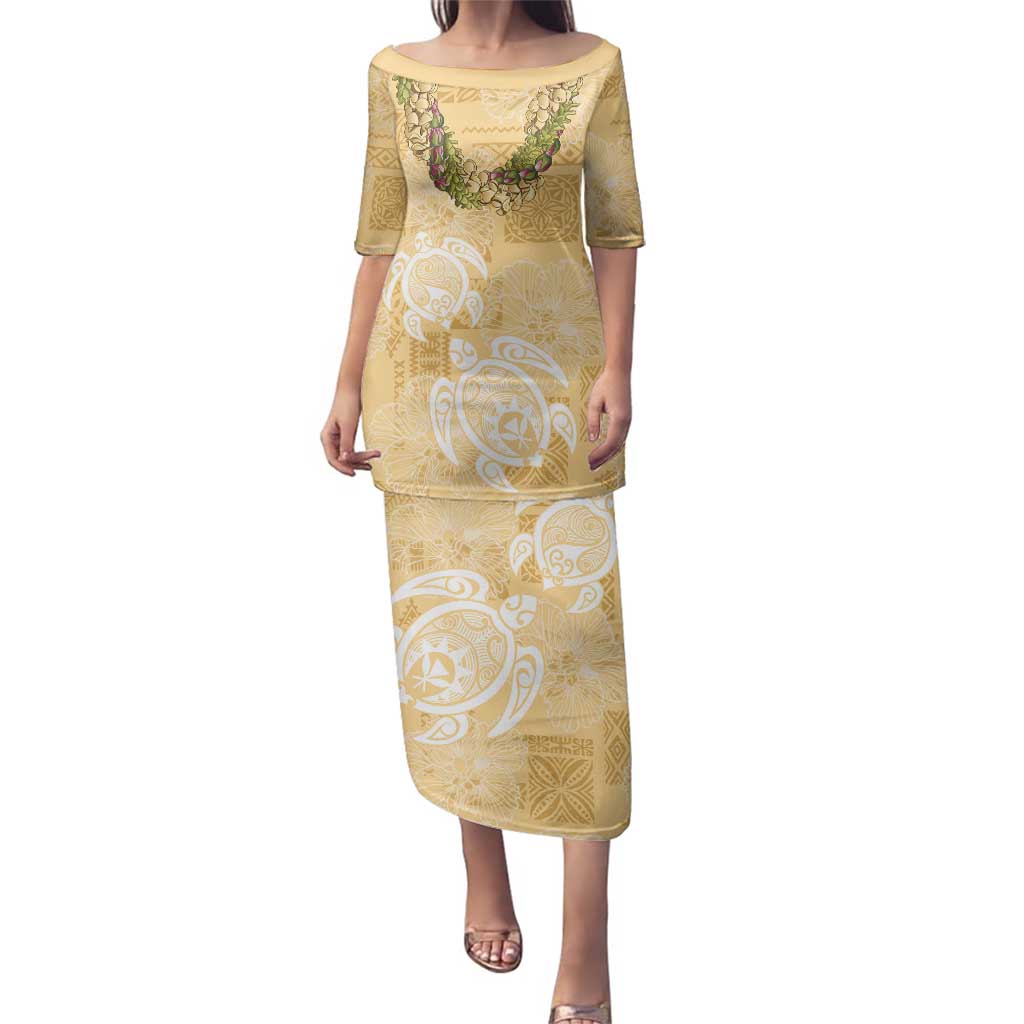 Aloha Honolulu Festival Family Matching Puletasi and Hawaiian Shirt Hawaii Kapa Mix Flowers Lei LT7 Mom's Dress Yellow - Polynesian Pride