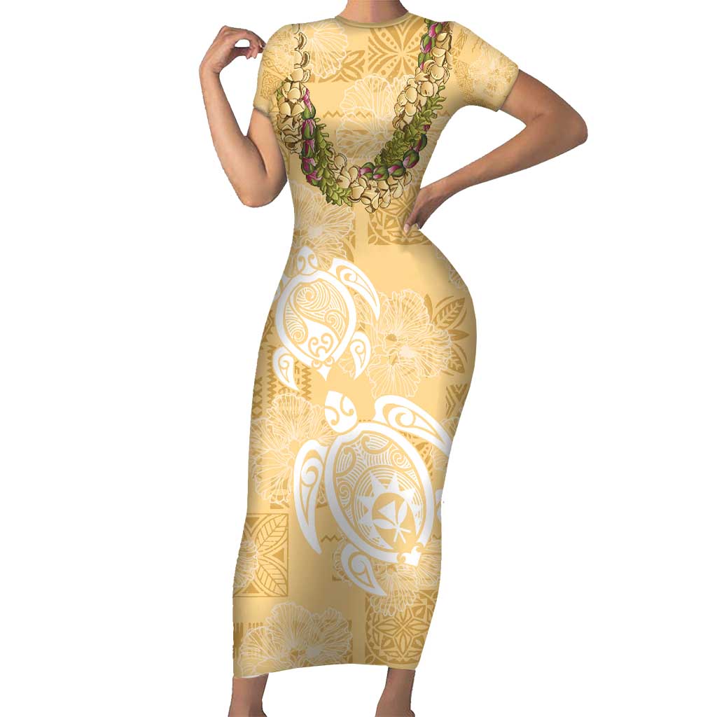 Aloha Honolulu Festival Family Matching Short Sleeve Bodycon Dress and Hawaiian Shirt Hawaii Kapa Mix Flowers Lei LT7 Mom's Dress Yellow - Polynesian Pride