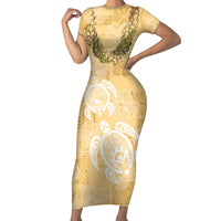 Aloha Honolulu Festival Family Matching Short Sleeve Bodycon Dress and Hawaiian Shirt Hawaii Kapa Mix Flowers Lei LT7 Mom's Dress Yellow - Polynesian Pride