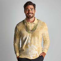 Aloha Honolulu Festival Long Sleeve Polo Shirt Hawaii Kapa Mix Flowers Lei