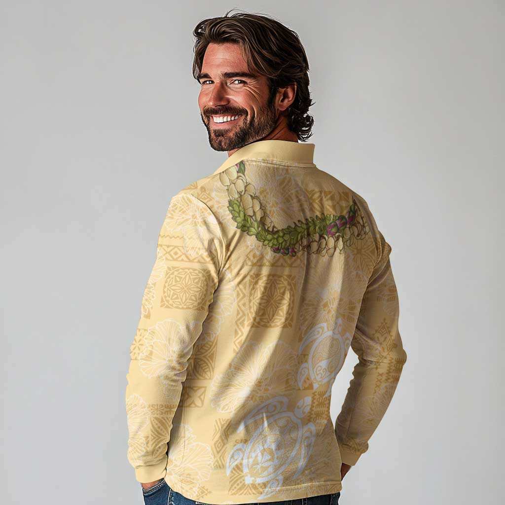 Aloha Honolulu Festival Long Sleeve Polo Shirt Hawaii Kapa Mix Flowers Lei