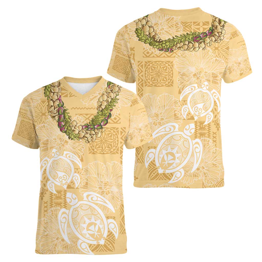 Aloha Honolulu Festival Women V-Neck T-Shirt Hawaii Kapa Mix Flowers Lei LT7 - Polynesian Pride