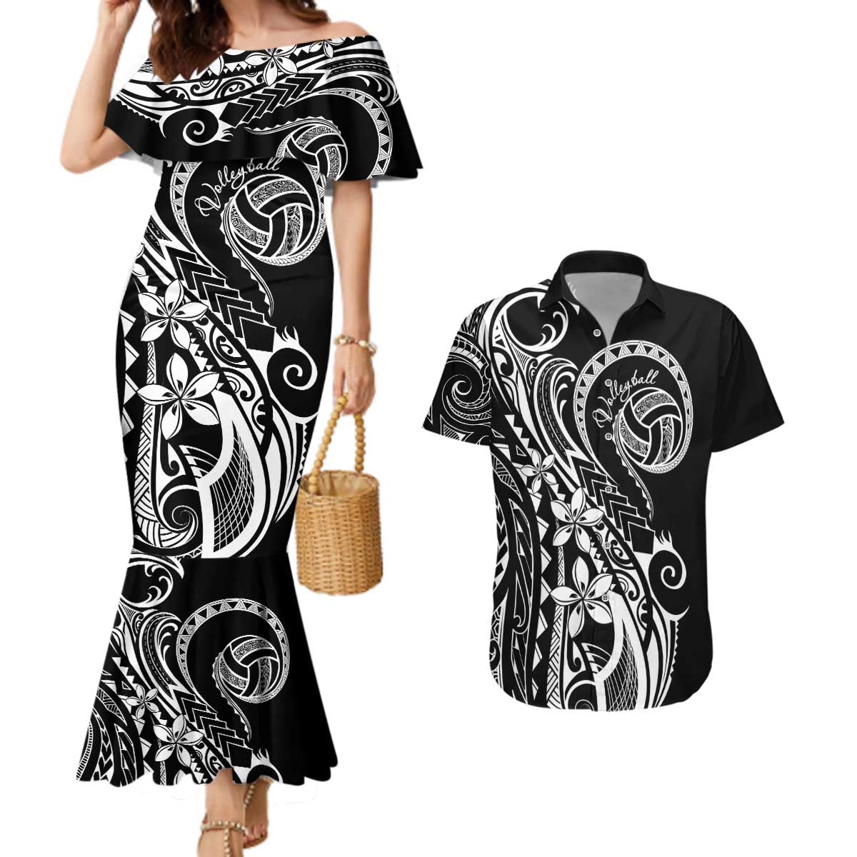 Polynesia Beach Volleyball Personalized Couples Matching Mermaid Dress and Hawaiian Shirt Basic