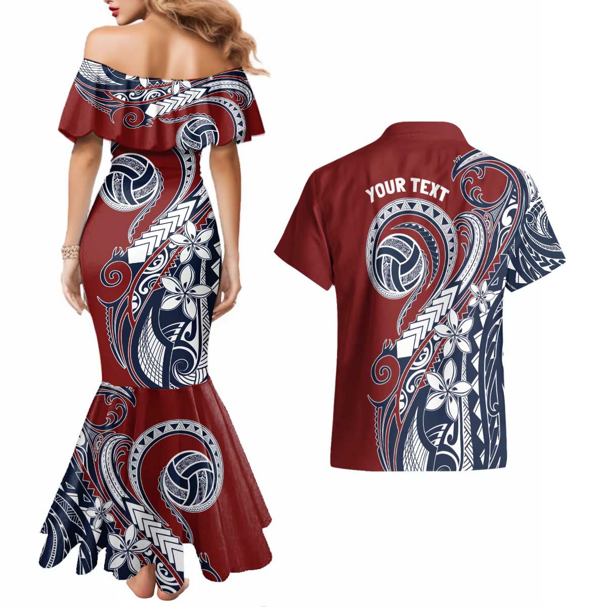 Polynesia Beach Volleyball Personalized Couples Matching Mermaid Dress and Hawaiian Shirt Special
