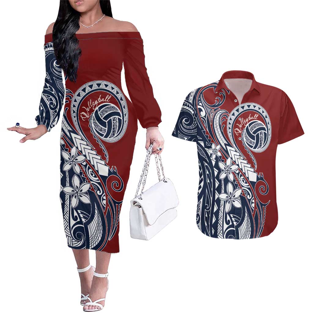 Polynesia Beach Volleyball Personalized Couples Matching Off The Shoulder Long Sleeve Dress and Hawaiian Shirt Special