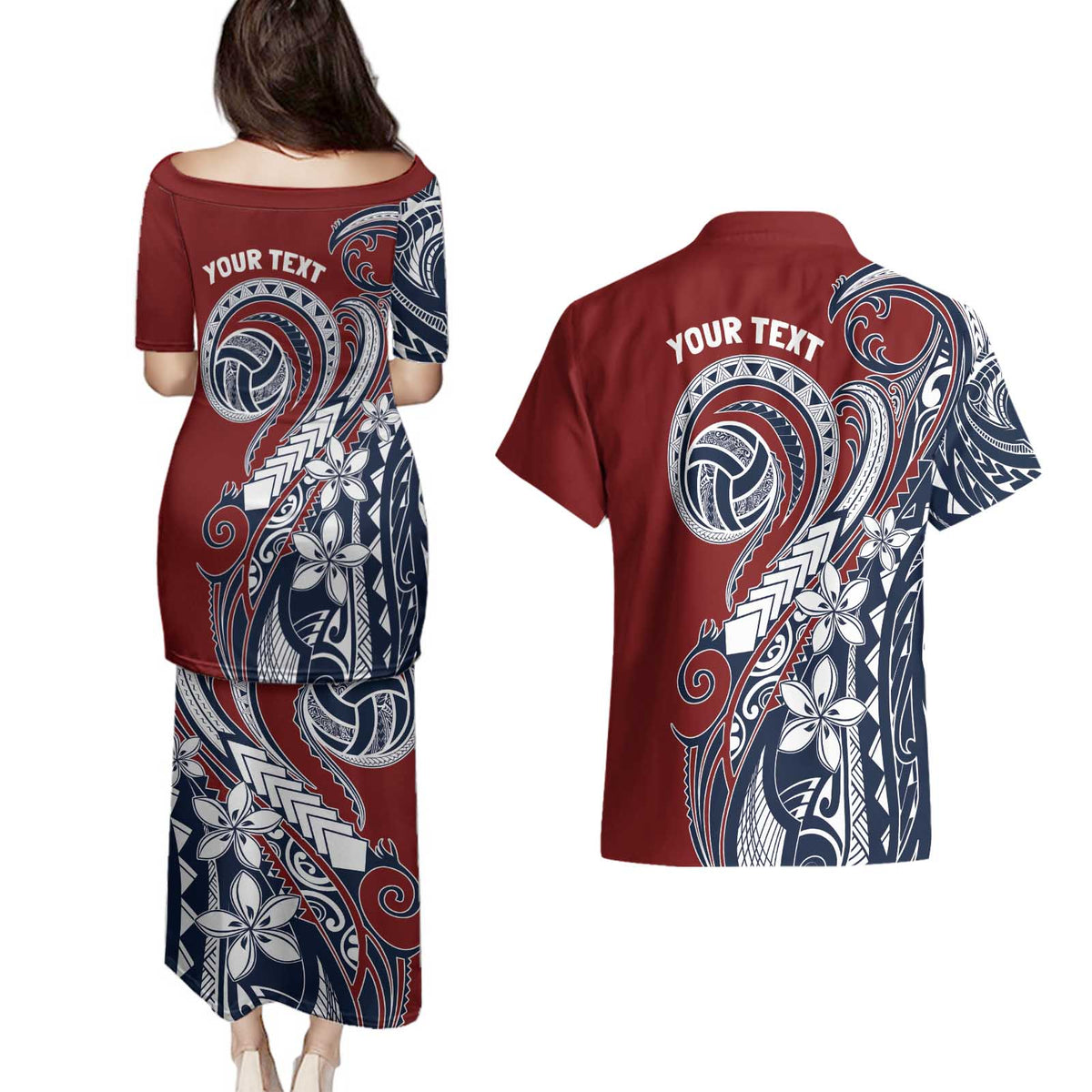Polynesia Beach Volleyball Personalized Couples Matching Puletasi and Hawaiian Shirt Special