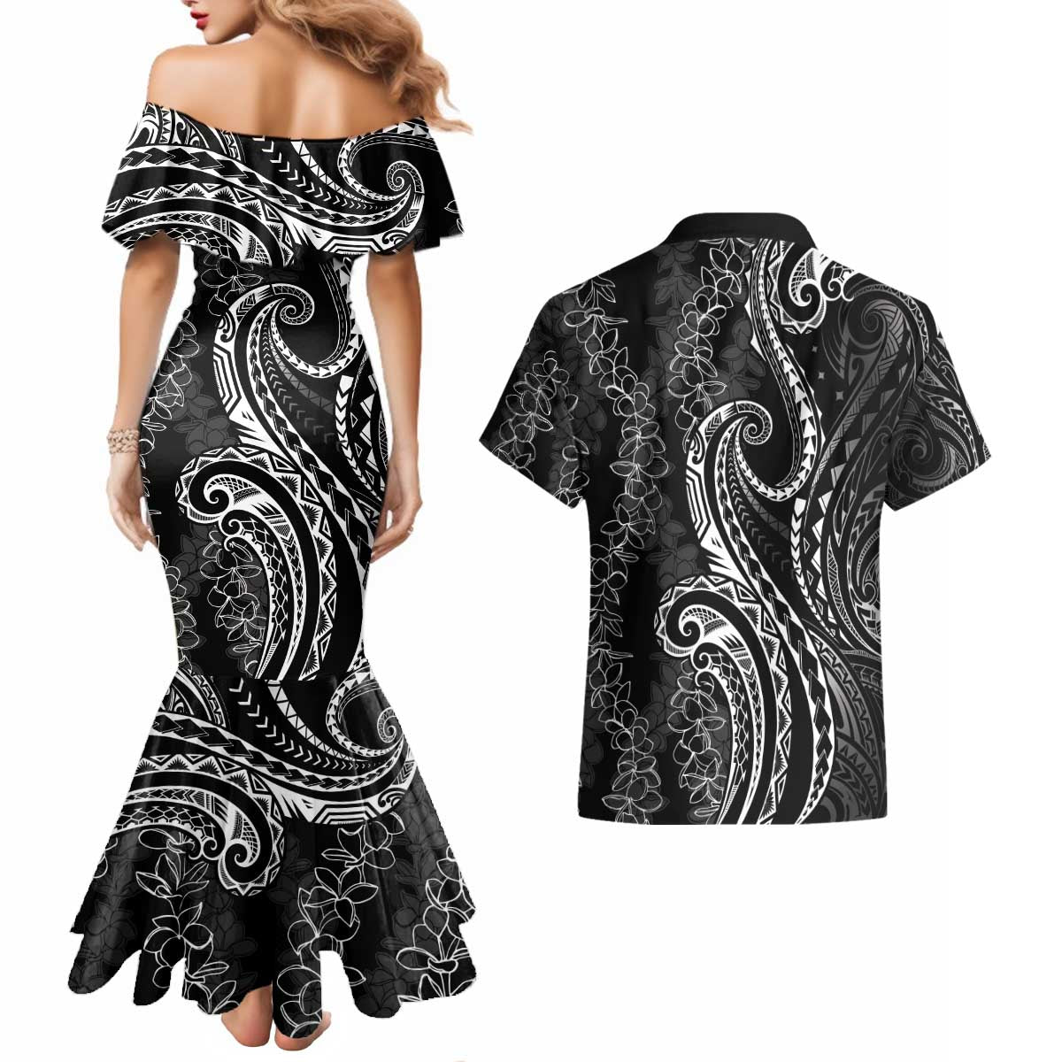 Polynesia Plumeria Lei Couples Matching Mermaid Dress and Hawaiian Shirt Black Curves Motif