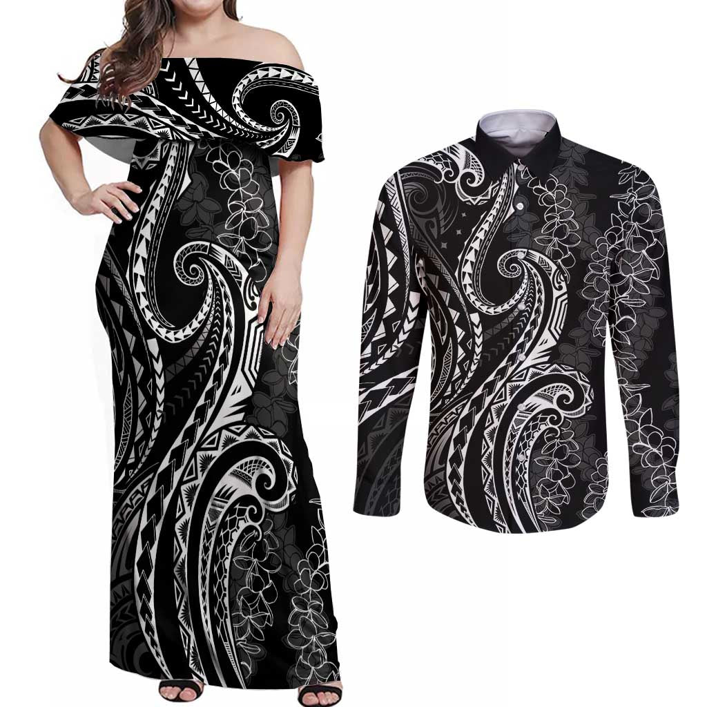 Polynesia Plumeria Lei Couples Matching Off Shoulder Maxi Dress and Long Sleeve Button Shirt Black Curves Motif