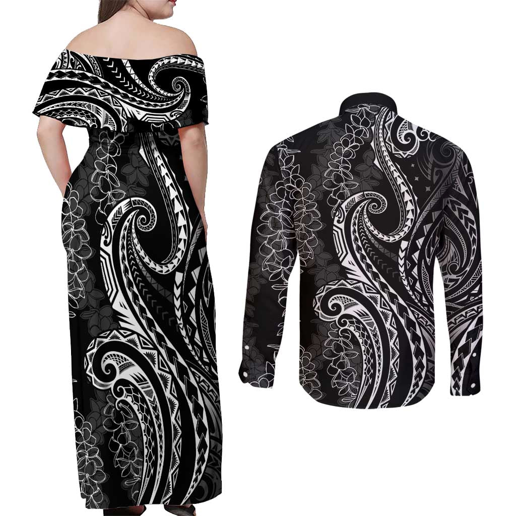Polynesia Plumeria Lei Couples Matching Off Shoulder Maxi Dress and Long Sleeve Button Shirt Black Curves Motif