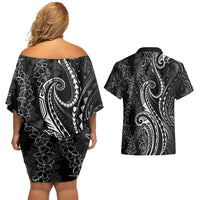 Polynesia Plumeria Lei Couples Matching Off Shoulder Short Dress and Hawaiian Shirt Black Curves Motif