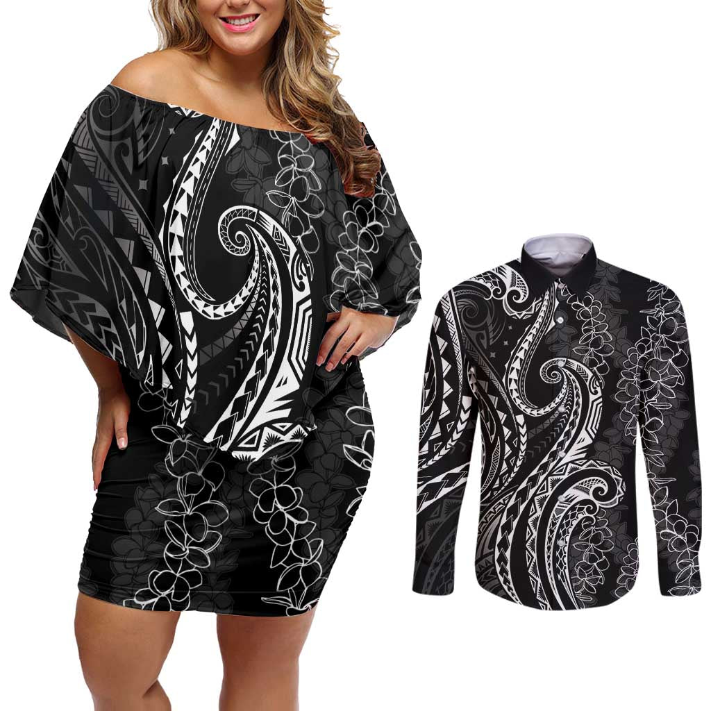 Polynesia Plumeria Lei Couples Matching Off Shoulder Short Dress and Long Sleeve Button Shirt Black Curves Motif