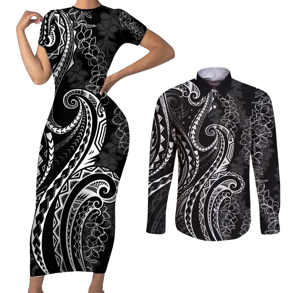 Polynesia Plumeria Lei Couples Matching Short Sleeve Bodycon Dress and Long Sleeve Button Shirt Black Curves Motif