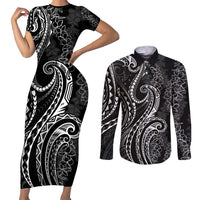 Polynesia Plumeria Lei Couples Matching Short Sleeve Bodycon Dress and Long Sleeve Button Shirt Black Curves Motif